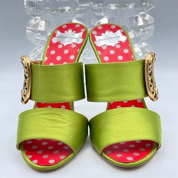 CHRISTIAN LACROIX ⚜️RARE NWT Green Satin Mule Stilettos Jeweled Gold Buckle 36.5 - Picture 6 of 15